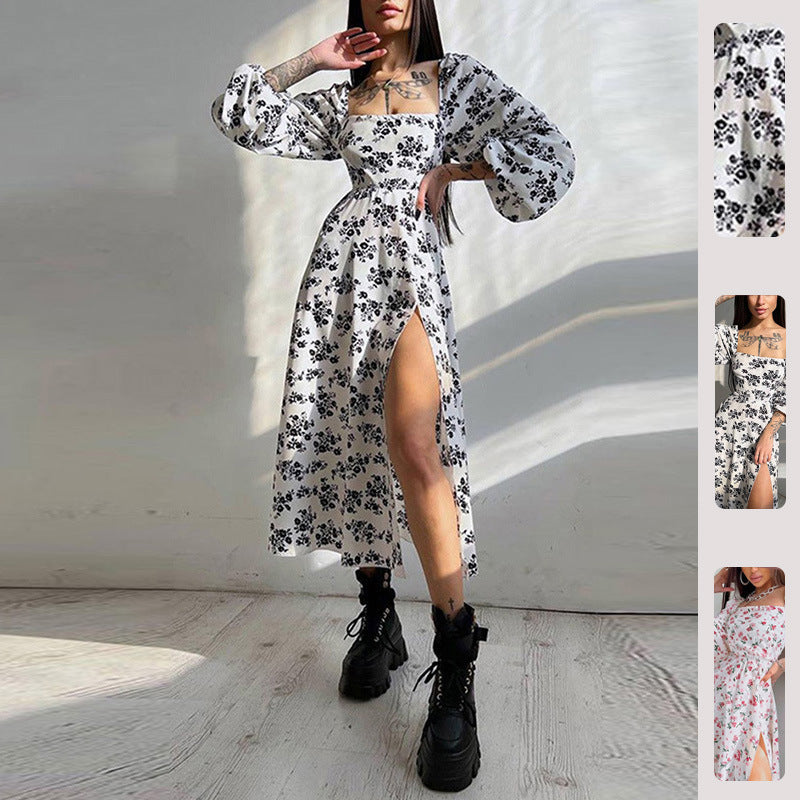 Damen Langärmliges Maxikleid mit Rüschen und floralem Muster Drune