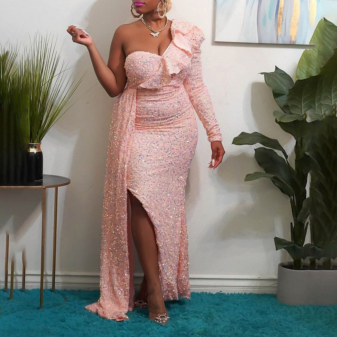 Damen Funkelndes Abendkleid mit asymmetrischem Design und fließendem Rock Drune