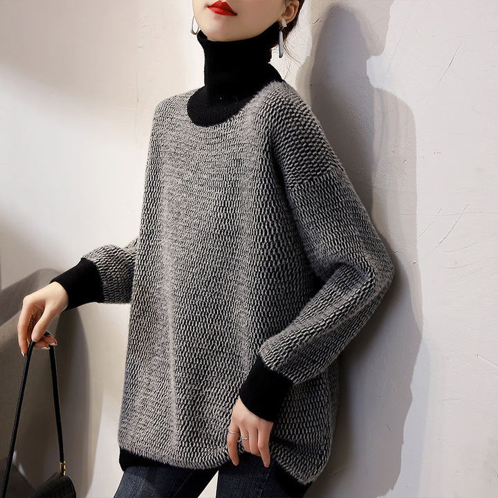 Damen Grobstrickpullover mit hohem Kragen und modischem Strukturmuster Drune
