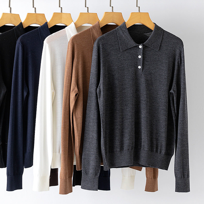 Damen Feiner Langarm-Polo-Pullover aus Feinstrick mit Knopfleiste Drune