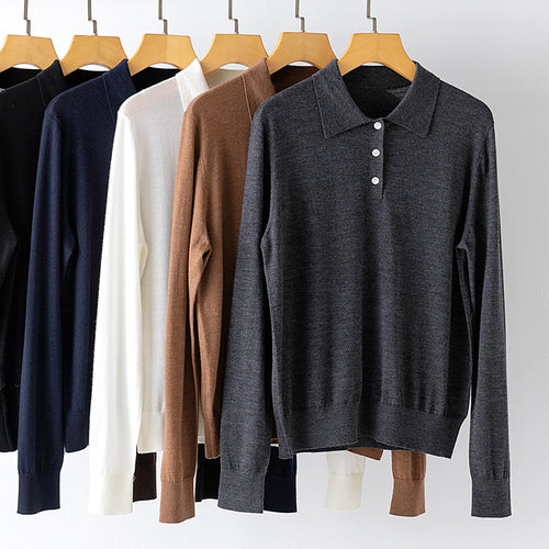 Damen Feiner Langarm-Polo-Pullover aus Feinstrick mit Knopfleiste Drune