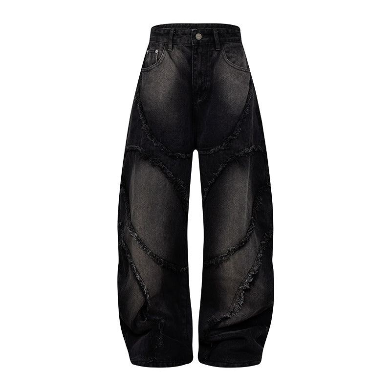 Damen Baggy-Jeans mit hohem Bund, ballonförmiger Weite und ausgefransten Patchnähten Drune