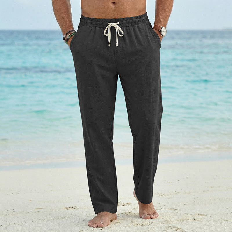 Herren Leinenoptik Relaxhose mit elastischem Bund, Tunnelzug und Seitentaschen Drune