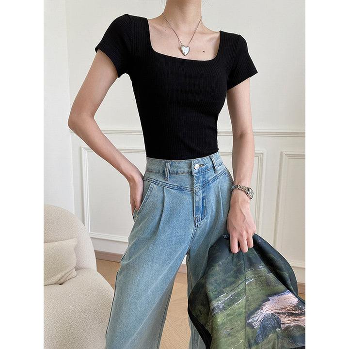 Damen figurbetontes Kurzarmoberteil mit quadratischem Ausschnitt Drune
