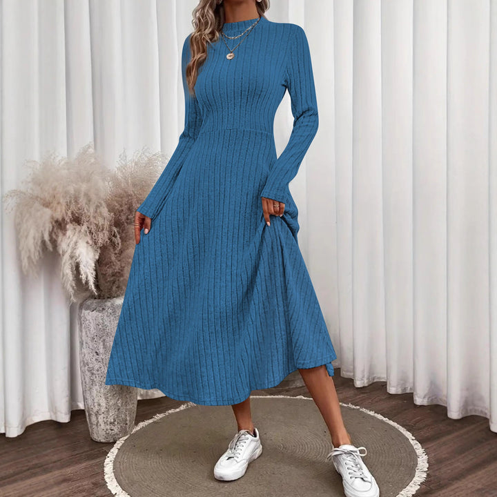 Damen Geripptes Strickmidikleid mit hohem Stehkragen und taillierter A-Linie Drune