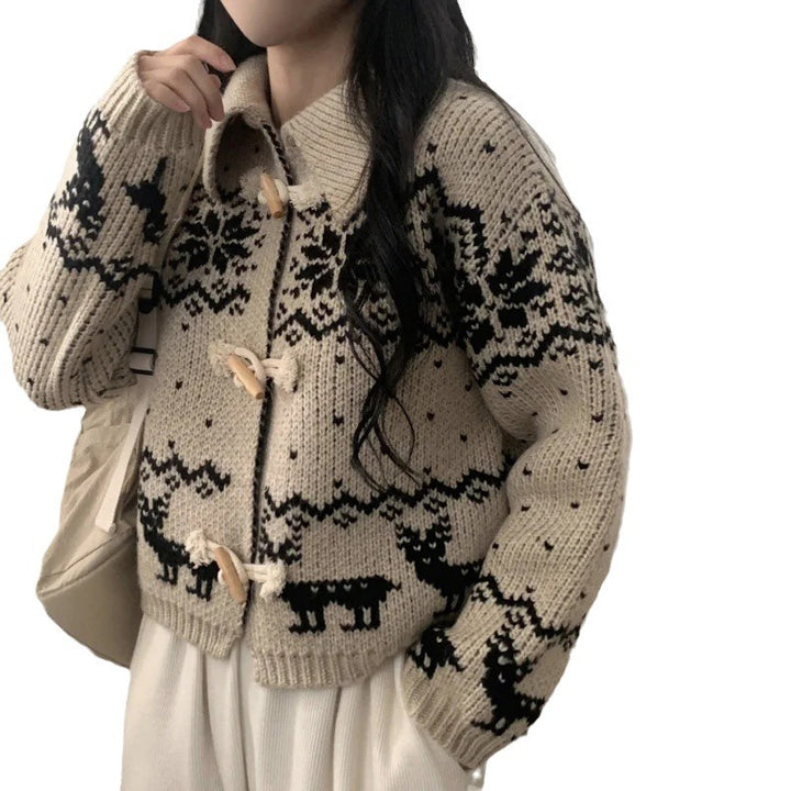 Damen Strickjacke mit Holzknopfverschluss und modernem Muster Drune