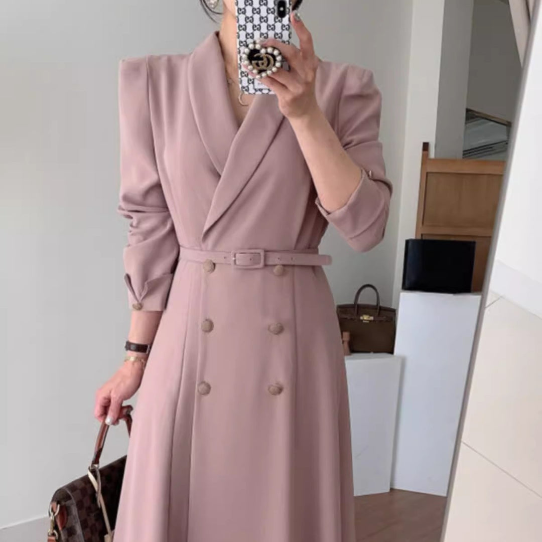 Damen Doppelreihiges Maxi‑Mantelkleid mit Taillengürtel und betonten Schultern Drune
