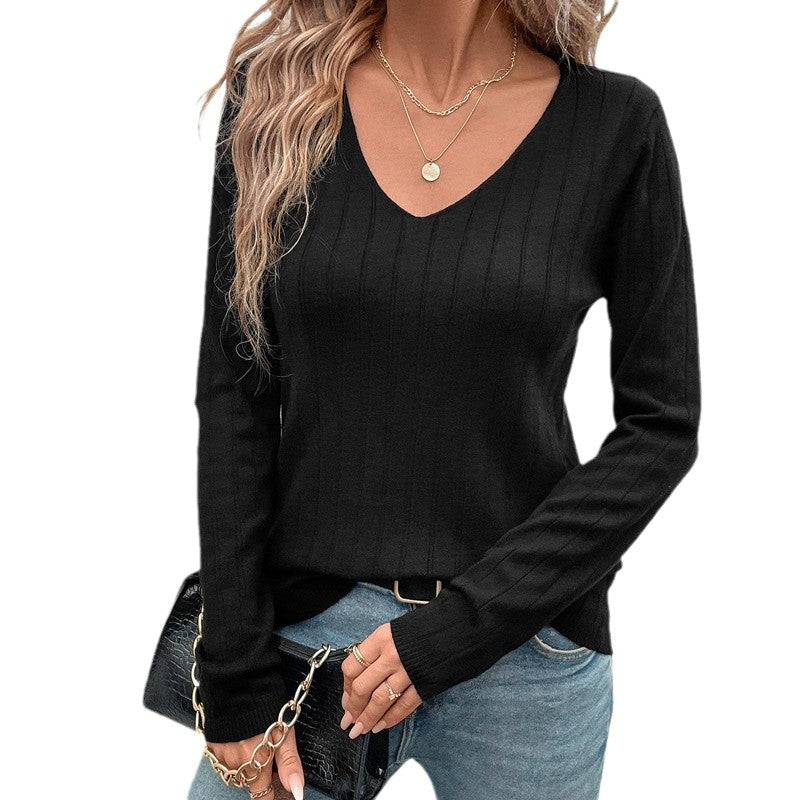 Damen V-Ausschnitt Pullover mit Rippstruktur und langen Ärmeln Drune