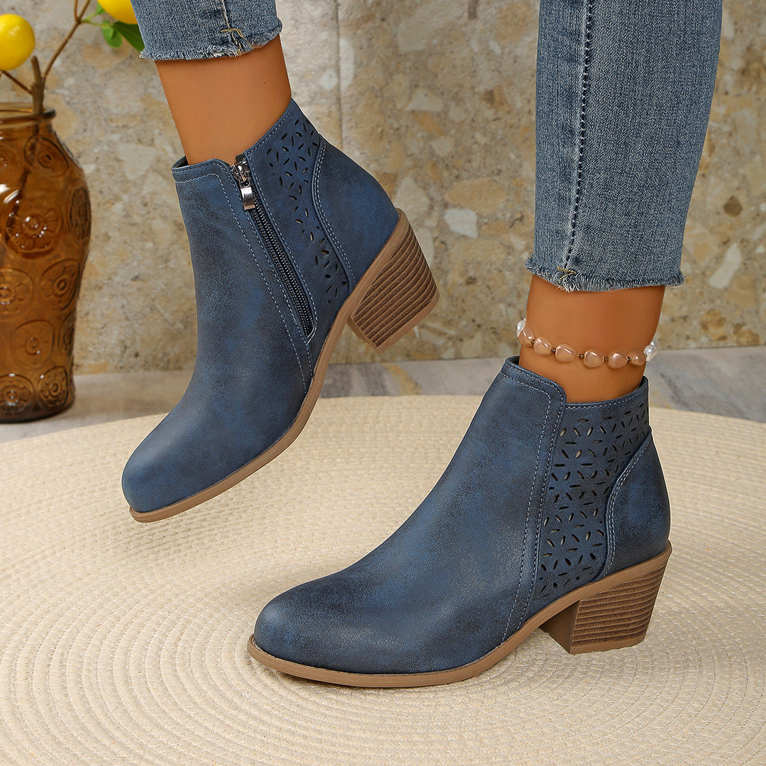 Damen nan knöchelhohe Stiefelette mit Laser-Cut-Perforation, seitlichem Reißverschluss und mittelhohem Blockabsatz Drune