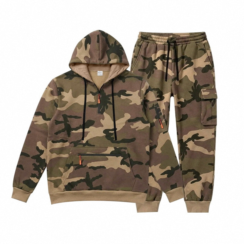 Herren Camouflage Kapuzensweatshirt- und Jogginghose Set mit Cargo-Taschen und Reißverschlüssen Drune
