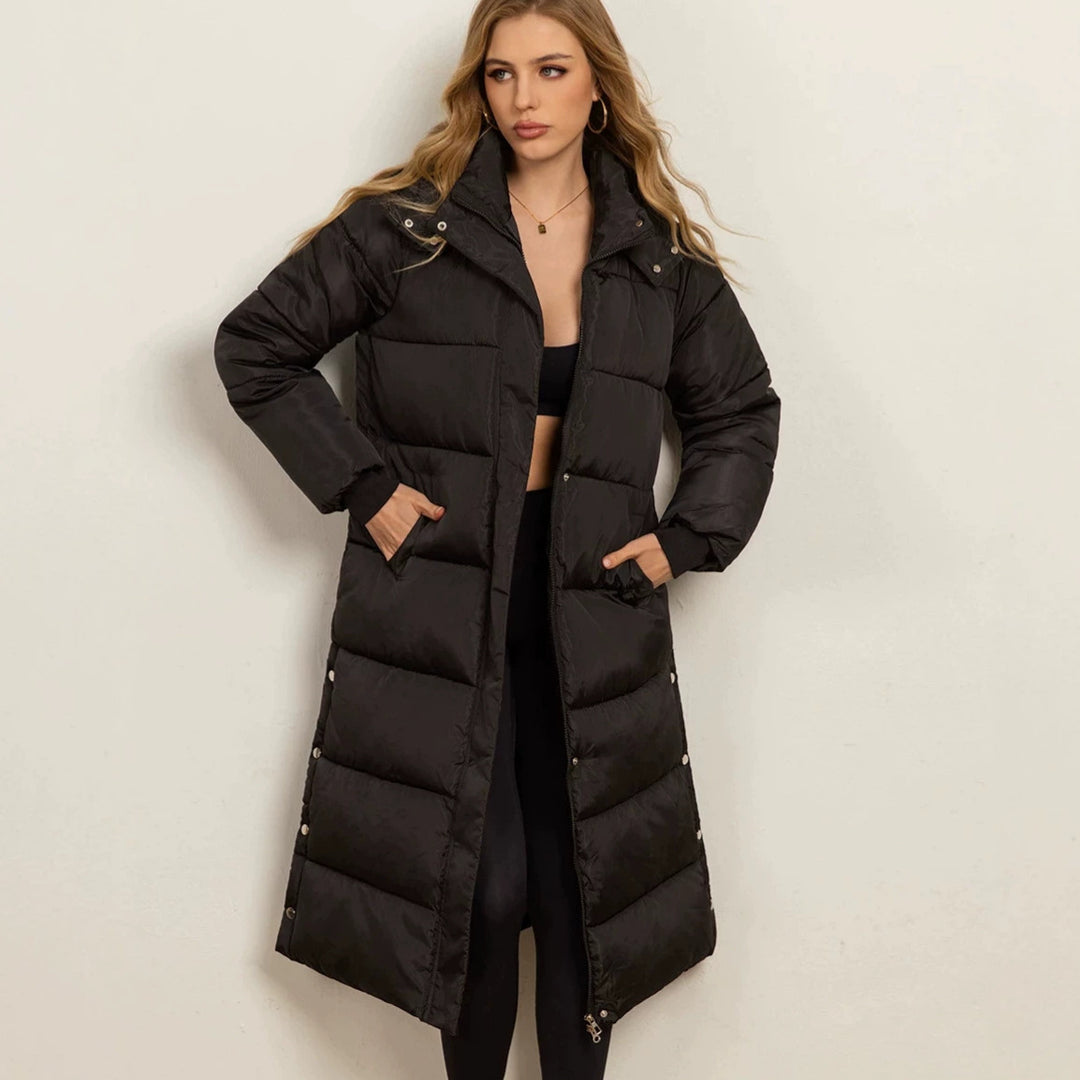 Damen Langer wattierter Puffer-Mantel mit Kassettensteppung, Zwei-Wege-Reißverschluss und Rippbündchen Drune