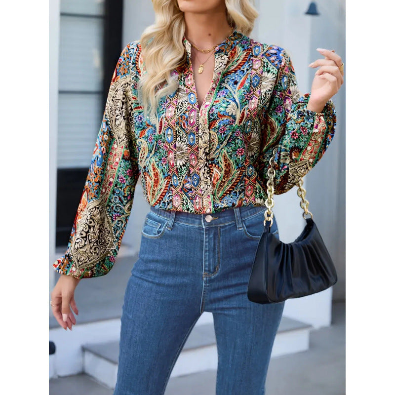Damen elegante Bluse mit buntem Print und extravaganten Puffärmeln Drune