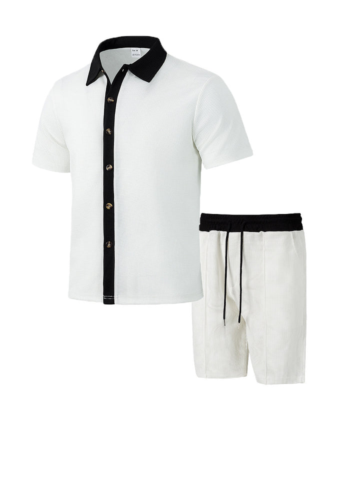 Herren nan modernes Freizeit-Set aus feinem Strukturjersey mit Hemdkragen-Knopfleiste und Kordel-Shorts Drune
