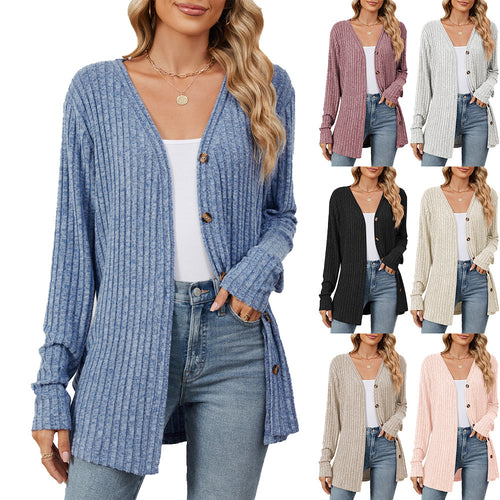 Damen lässige Strickjacke mit feiner Rippstruktur und praktischen Knöpfen Drune