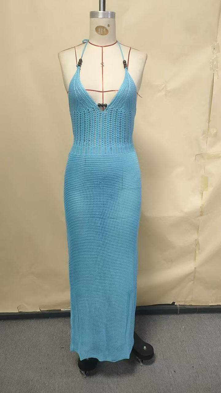 Damen gehäkeltes Strandkleid mit tiefem V-Ausschnitt und herausragenden Details Drune