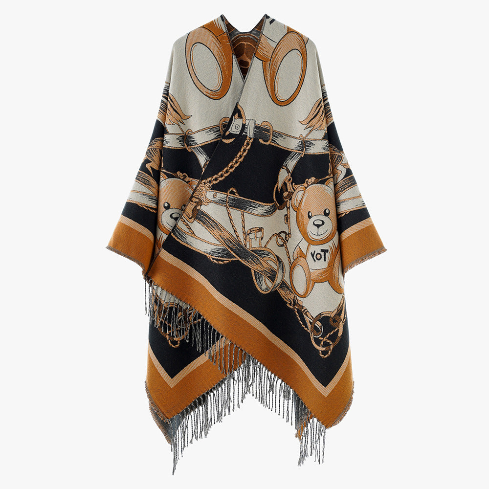 Damen Jacquard-Capeponcho mit Teddy‑Motiv, Oversize‑Silhouette und Fransensaum Drune