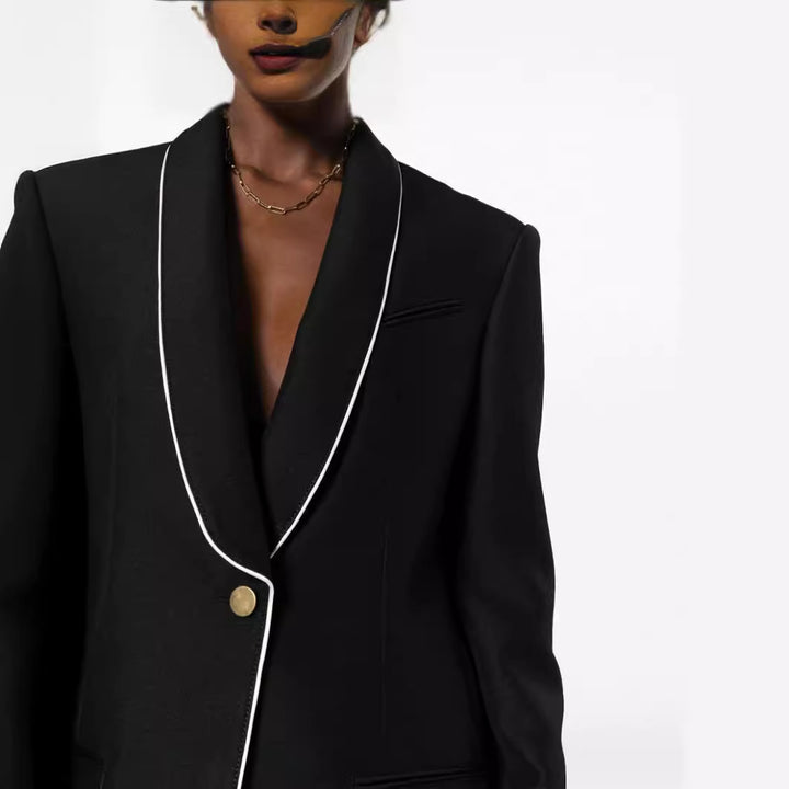 Damen Oversize-Blazer im Smokingstil mit kontrastierender Paspelierung und Ein-Knopf-Front Drune