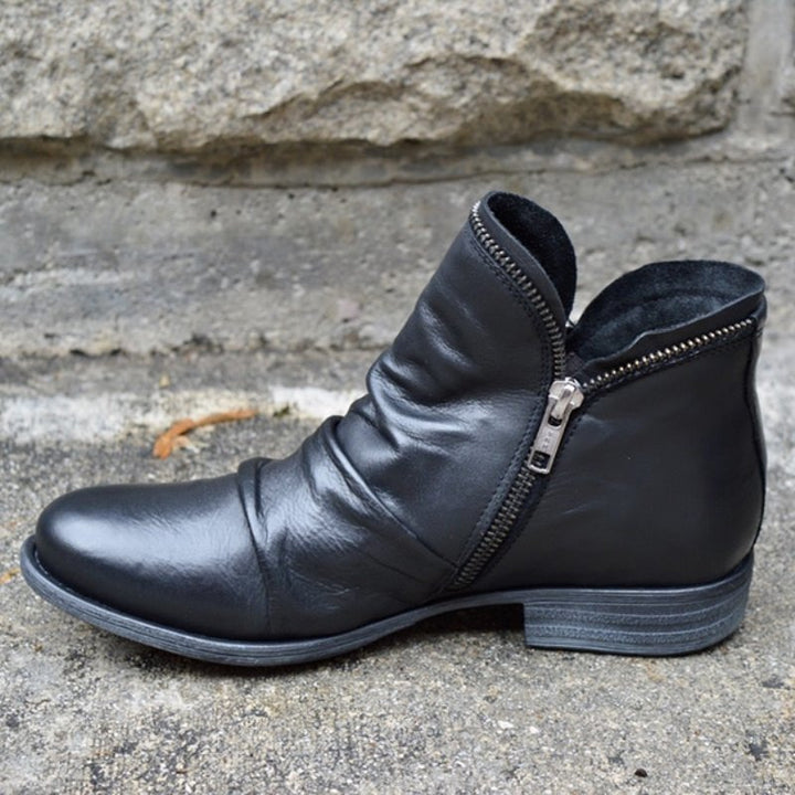 Damen Slouch‑AnklDruneoots aus Leder mit seitlichem Reißverschluss und niedrigem Blockabsatz Drune
