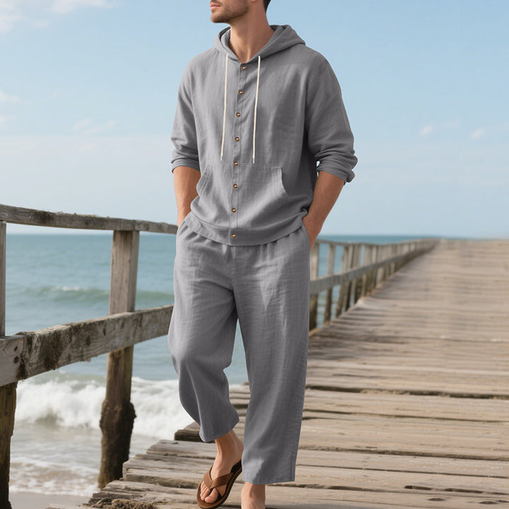 Herren nan lockeres Strand-Ensemble aus leichter Leinenmischung mit Kapuzen-Henley und elastischer Bundhose Drune