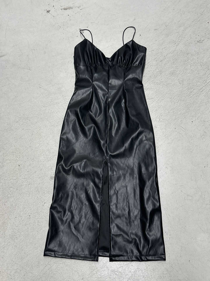 Damen elegantes Wickelkleid aus Kunstleder mit raffiniertem Schlitz Drune