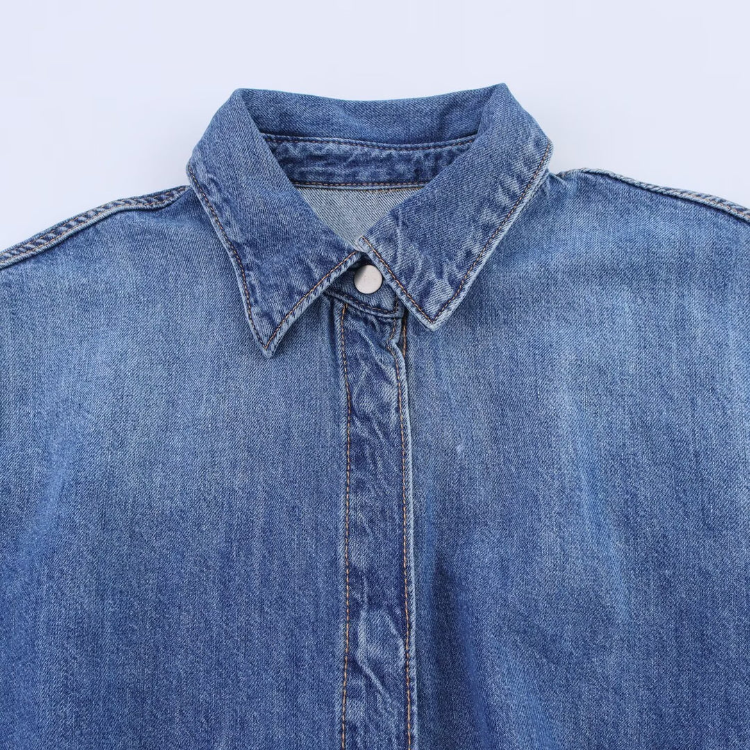 Damen Jeanshemdkleid mit elegantem Gürtel und kurzen Ärmeln Drune