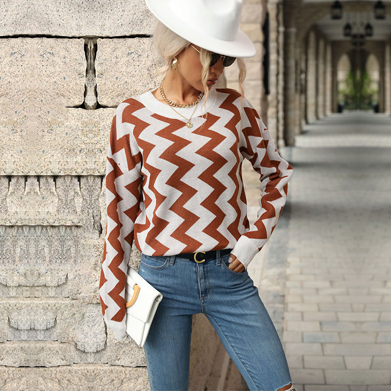 Damen figurfreundlicher Feinstrickpullover mit Zickzack‑Jacquard und Rundhalsausschnitt Drune