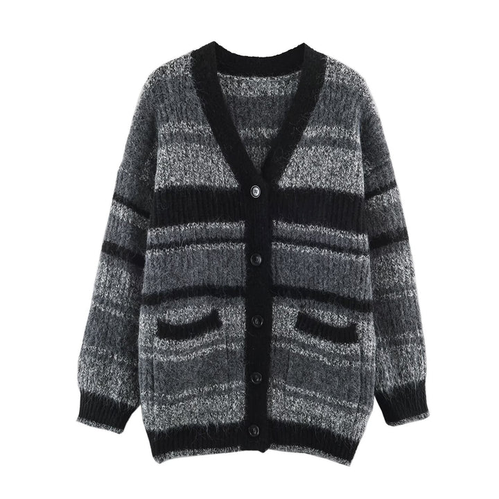 Damen Oversize Strickcardigan mit V-Ausschnitt, Streifenmuster und aufgesetzten Taschen Drune