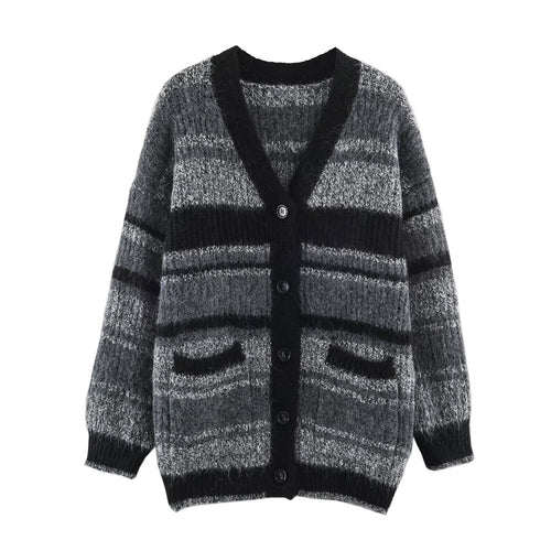 Damen Oversize Strickcardigan mit V-Ausschnitt, Streifenmuster und aufgesetzten Taschen Drune