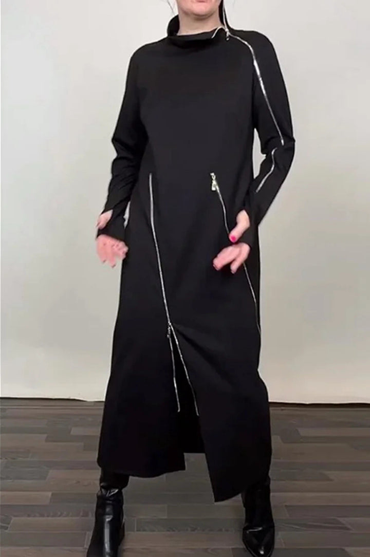 Damen nan langes Strickkleid mit asymmetrischen Metallreißverschlüssen und Frontschlitz Drune