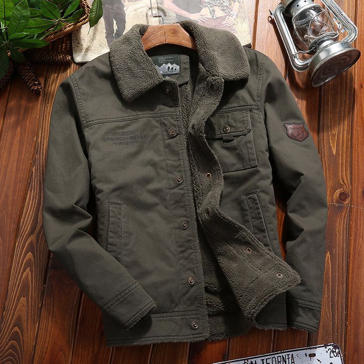 Herren nan robuste Canvas-Arbeitsjacke mit komplettem Sherpa-Innenfutter, verdeckter Druckknopfleiste und funktionalen Brust- und Eingrifftaschen Drune