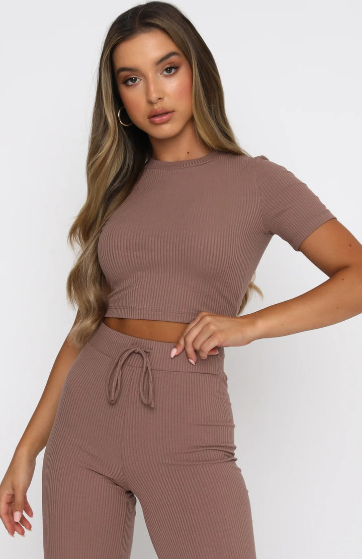 Damen Geripptes Crop-Set aus Stretch‑Jersey mit taillenhoher Kordel-Hose Drune