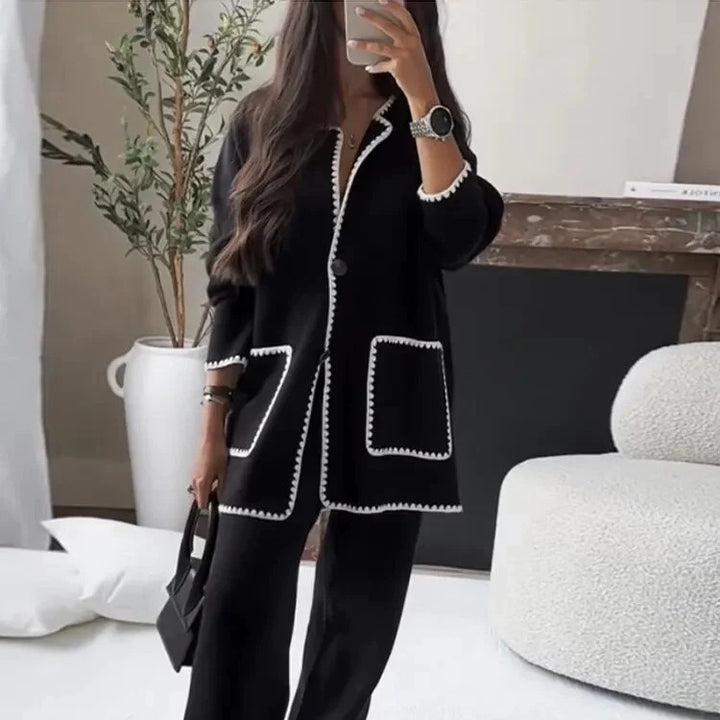 Damen Elegant geschnittene Blazerjacke mit kontrastierenden Details und weit geschnittenen Hosen Drune