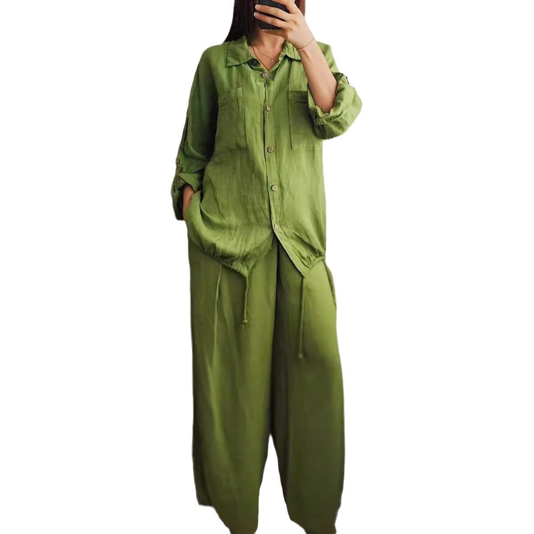 Damen Leinen-Set mit weiten Hosen undlässiger Bluse Drune