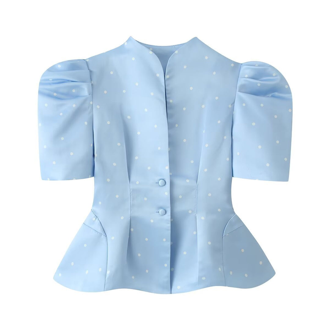 Damen Polka-Dot Bluse mit Stehkragen, Puffärmeln und tailliertem Schößchen Drune