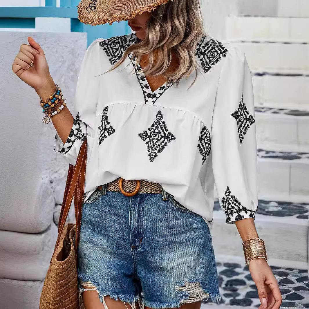 Drune | Boho Chic V-ausschnitt Bestickte Bluse Für Frauen