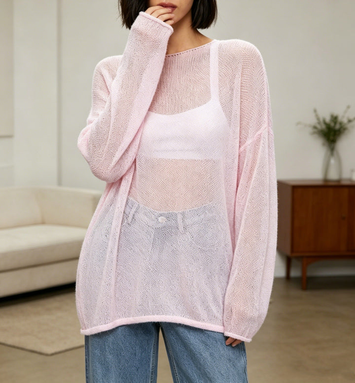 Damen luftiger Oversize-Feinstrickpullover mit weitem Arm und Rundhalsausschnitt Drune