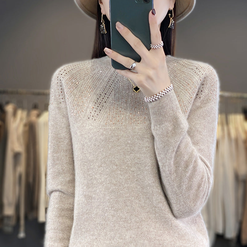 Damen Weicher Kaschmir‑Optik Feinstrickpullover mit Ajour‑Yoke und Paillettenbesatz Drune