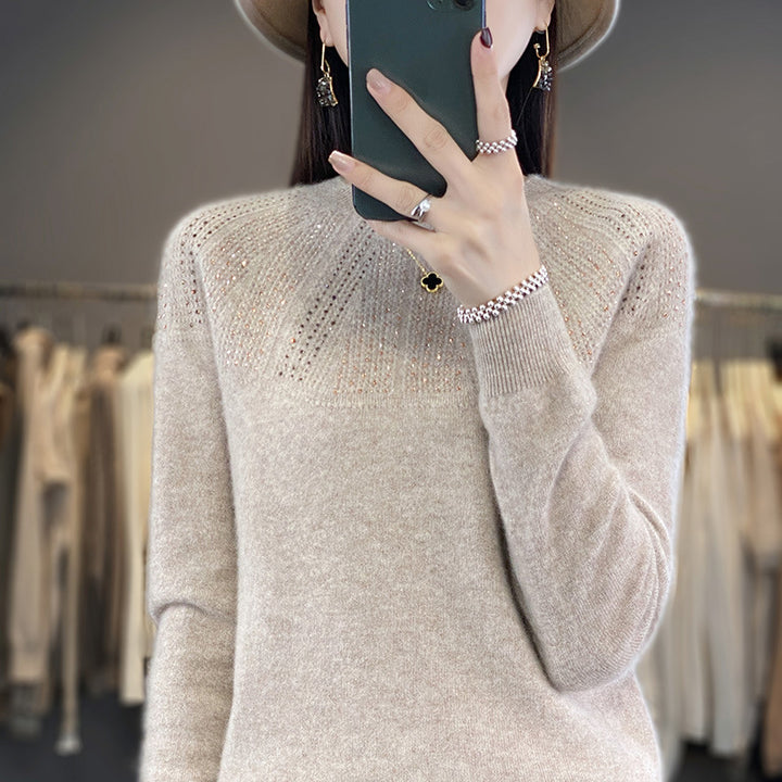 Damen Weicher Kaschmir‑Optik Feinstrickpullover mit Ajour‑Yoke und Paillettenbesatz Drune