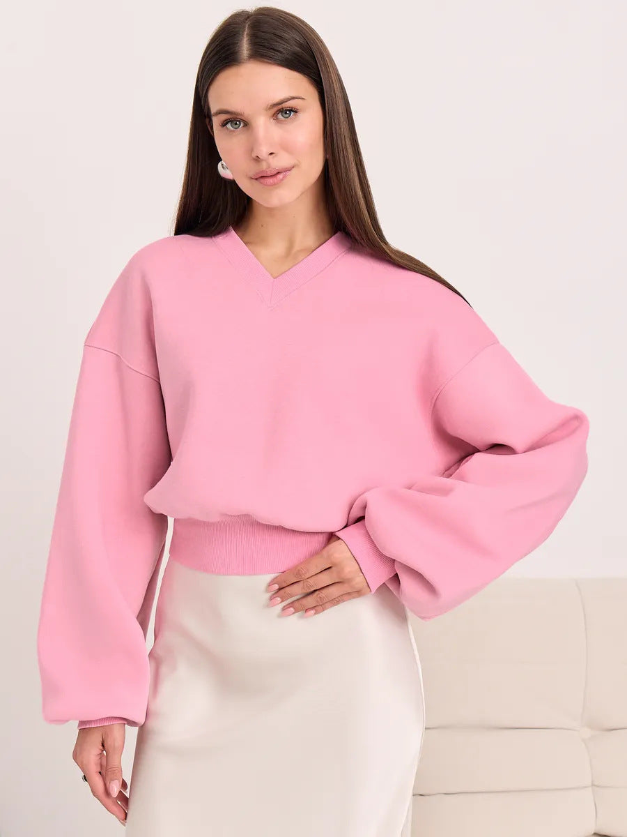 Damen Cropped V-Ausschnitt Pullover mit Ballonärmeln und Rippbund Drune