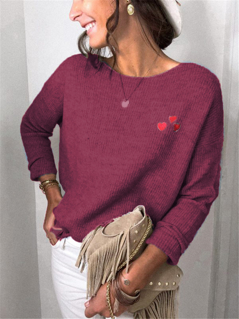 Damen Oversize Strickpullover mit Herz-Stickerei und weitem Boot-Ausschnitt Drune