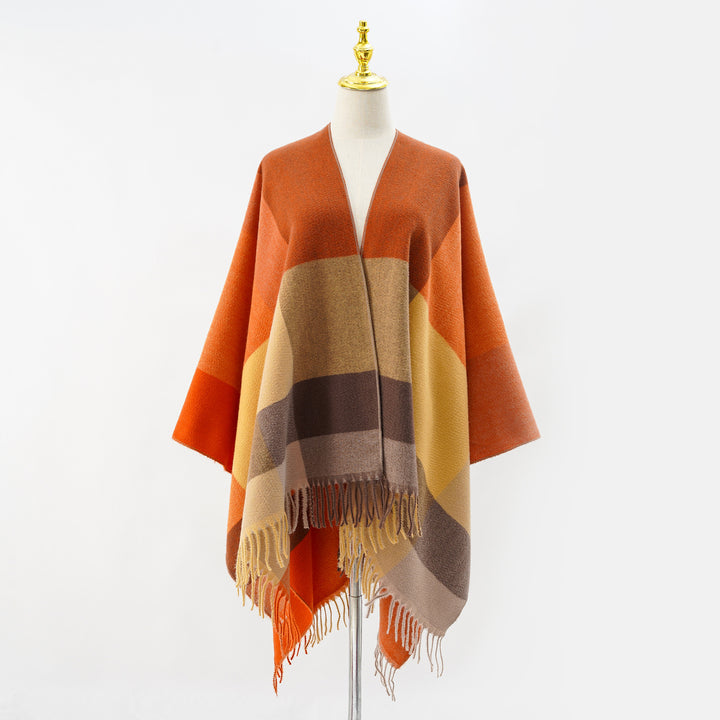Damen Weiches Oversize-Cape aus Wollmischung mit großem Blockmuster und Fransensaum Drune