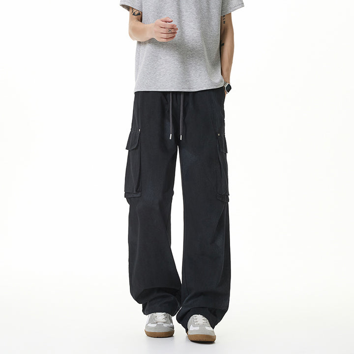 Damen Weite Cargo-Hose im Baggy-Stil mit Tunnelzugbund, Multifachtaschen und Used-Waschung Drune