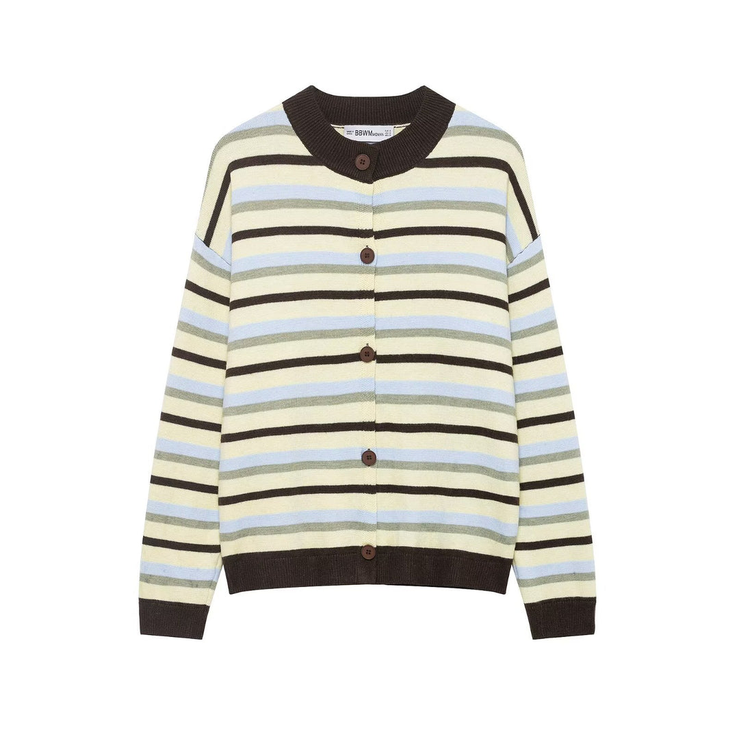Damen Kurzgeschnittene gestreifte Strickjacke mit Rundhalsausschnitt und Knopfleiste Drune