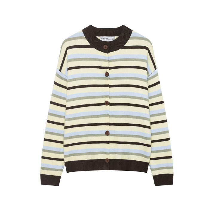 Damen Kurzgeschnittene gestreifte Strickjacke mit Rundhalsausschnitt und Knopfleiste Drune