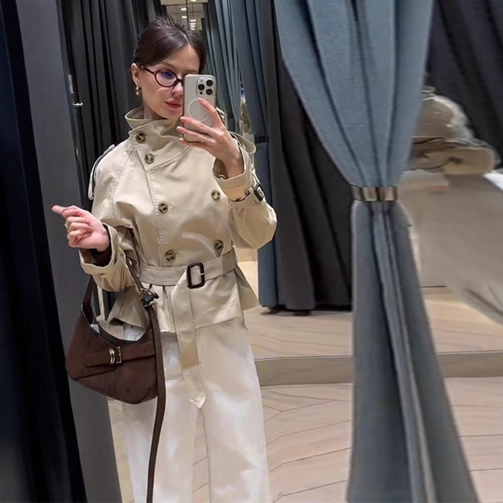 Damen trendige Kurzjacke im modernen Trenchcoat-Stil mit breitem Kragen und Taillengürtel Drune