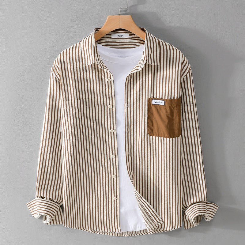 Herren Gestreiftes Langarm-Overshirt aus Baumwollmix mit kontrastierter Brusttasche Drune