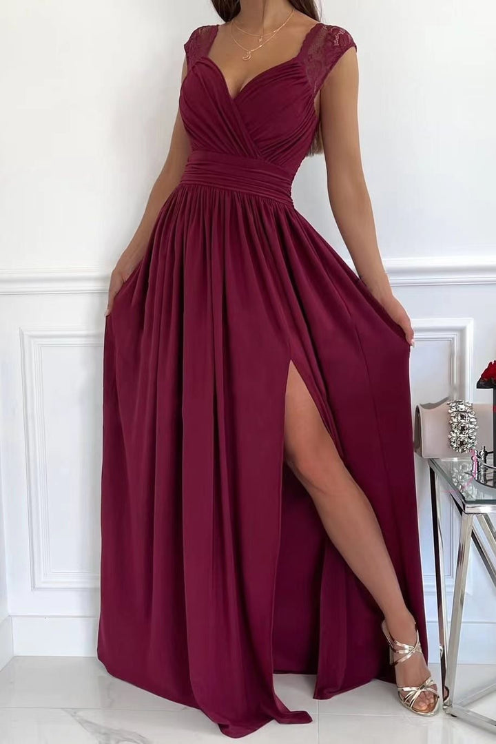 Damen elegantes Maxikleid mit Spitzenärmeln und seitlichem Schlitz Drune