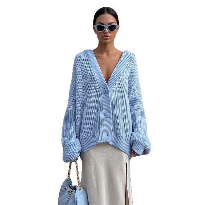 Damen Oversized Kapuzen-Strickcardigan mit Ballonärmeln und Knopfleiste Drune