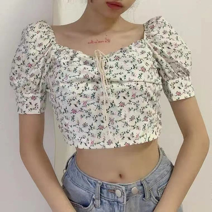 Damen Crop-Top mit Puffärmeln und floralem Design