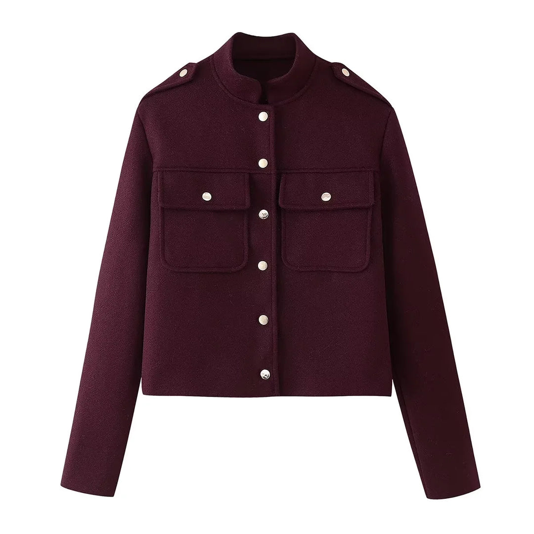 Damen nan cropped Militärjacke mit Stehkragen, Schulterklappen und aufgesetzten Pattentaschen Drune